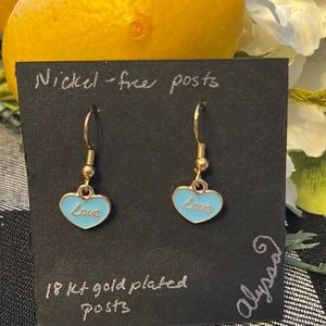 Valentine Earrings- handmade- blue with “Love”